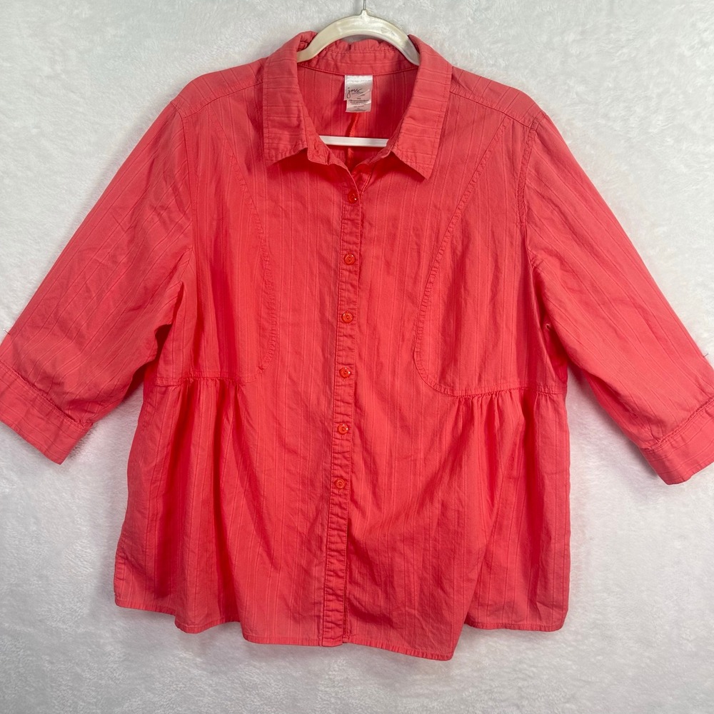 Just My Size Button Down Shirt Womens 2X Coral Peplum 3/4 Sleeve Cotton JM9191